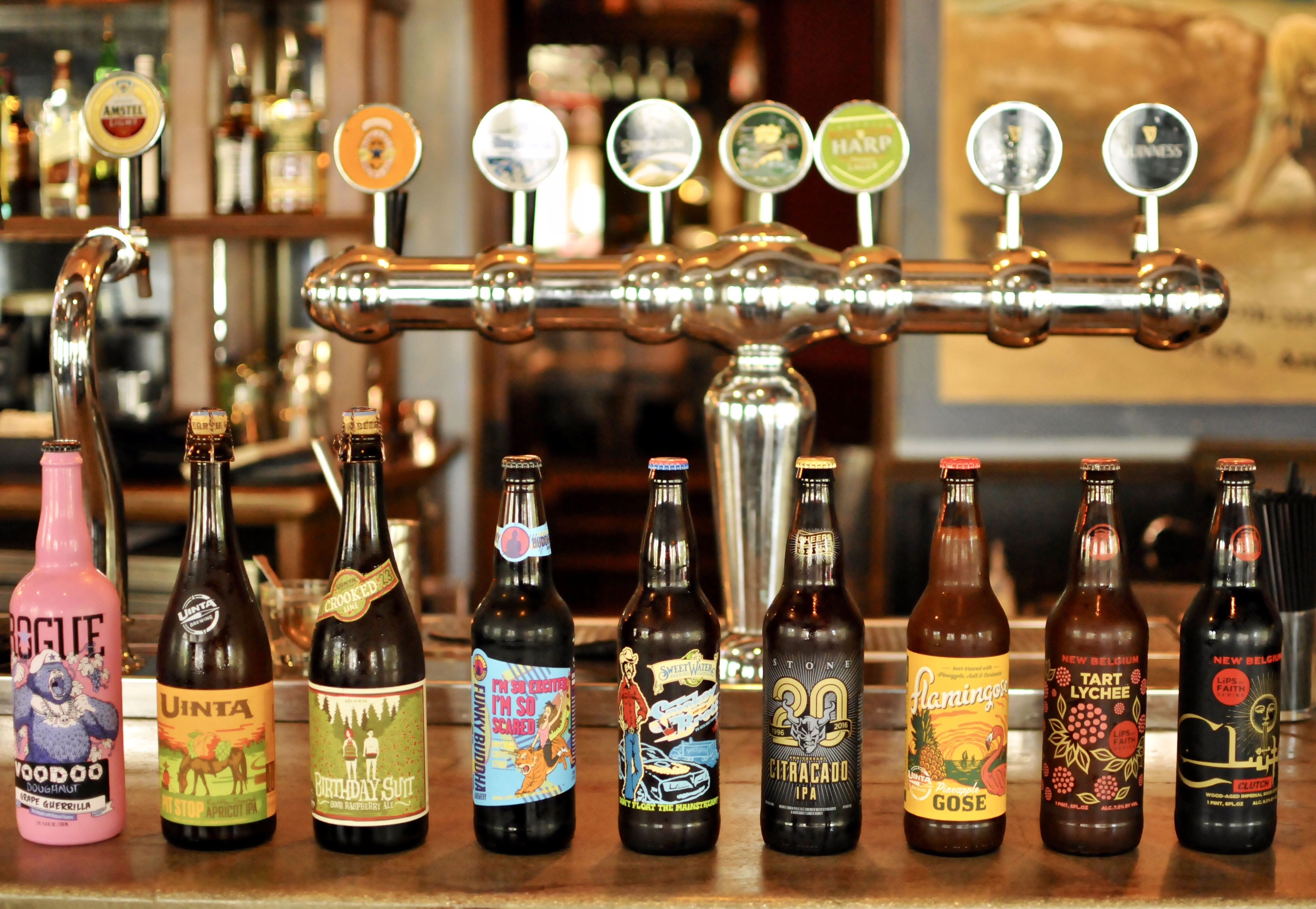 craft beer bottles lined up on a bar